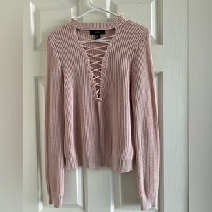 Forever 21 Women's Pink V-Neck Sweater with Lace-Up Detail
